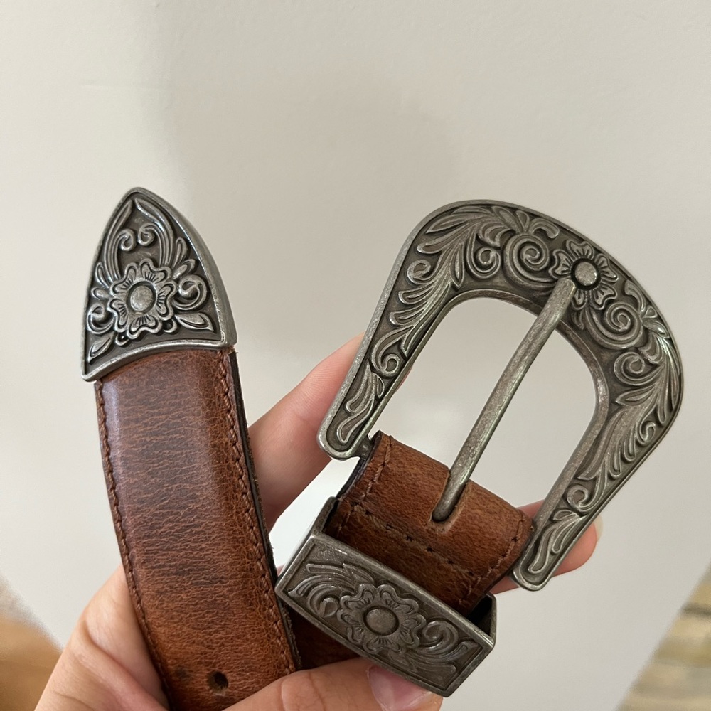 Floral Embossed Brown Leather Belt with Silver Buckle